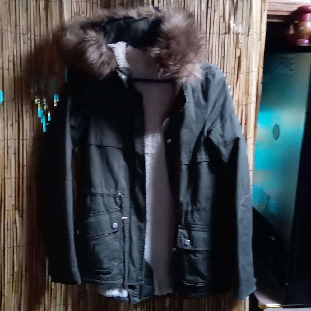 H&M green jacket with fur hoodie size 2 women jacket.